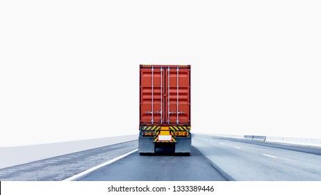 Back View Of Truck On Road With Red Container, Transportation Concept,import,export Logistic Industrial Transporting Land Transport On The Expressway.on White Background