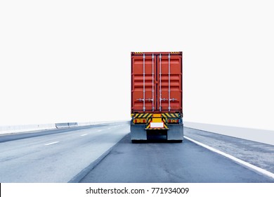 Back View Of Truck On Road With Red Container, Transportation Concept,import,export Logistic Industrial Transporting Land Transport On The Expressway.on White Background