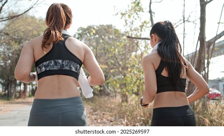 Back View Of Two Female Runner Jogging Outdoor Together In The Morning. Exercise Buddy And Healthy Lifestyle Concept