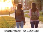 Back view of two friends walking together in a park at sunrise with a warm light in the background