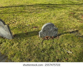A back view of two old grave stones in the grass.