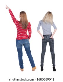 Back View Of Two Pointing Girl In Sweater. Rear View People Collection. Backside View Of Person. Beautiful Woman Showing Gesture. Rear View. Isolated Over White Background.