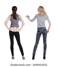Back view of two woman in sweater. Rear view people collection. backside view of person. Isolated over white background. Girls are looking forward