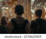 Back view of two young men and a woman with nature background. Rear view people collection. backside view of person. 