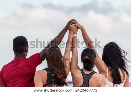 Image, Stock Photo Anonymous man holding wind turbine model on field against blue