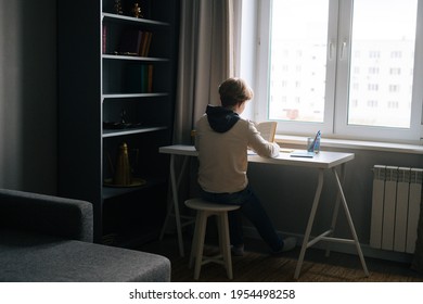 Back view of unrecognizable pupil boy reading paper study book sitting at desk near window in dark children room. Child schoolboy doing homework at home. Concept of remote online distance education.