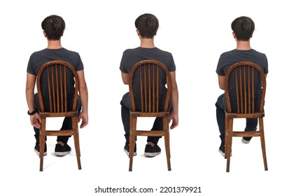 Back View Of Vairous Poses Of Same Teen Sitting On Chair On White Background