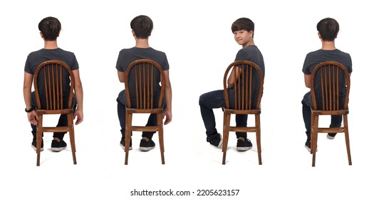 Back View Of Vairous Poses Of Same Teen Sitting On Chair Turned And Looking At Camera On White Background