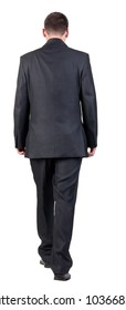 Back View Of Walking  Business Man.  Going Young Guy In Black Suit. Isolated Over White Background. Rear View People Collection.  Backside View Of Person.