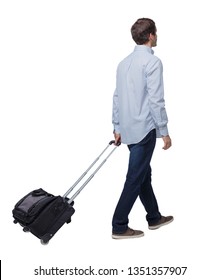 Back View Of Walking  Business Man  With Suitcase.  Brunette Guy In Motion. Backside View Of Person.  Rear View People Collection. Isolated Over White. The Young Traveler Goes Into The Distance.