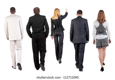 Back View Of Walking Business Team. Group Of Business People Going. Rear View People Collection. Backside View Of Person. Isolated Over White Background.