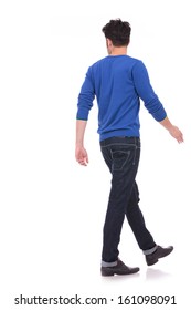 Back View Of A Walking Casual Man Looking To A Side On White Background