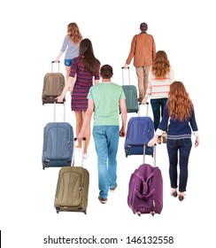 Back View Of Walking  Group With Suitcase. People In Motion.  Backside View Of Person.  Rear View People Collection. Isolated Over White Background.