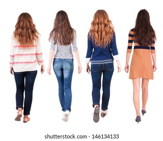 Back View Of Walking Group Of Woman. Rear View People Collection.  Backside View Of Person.  Isolated Over White Background.