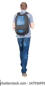 Back View Of Walking  Man  With Backpack.  Brunette Guy In Motion. Backside View Of Person.  Rear View People Collection. Isolated Over White Background. 