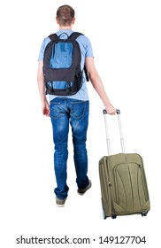 Back View Of Walking  Man  With Suitcase.   Backside View Of Person.  Rear View People Collection. Isolated Over White Background. Young Man Goes To Side Of A Rolling Travel Bag On Wheels