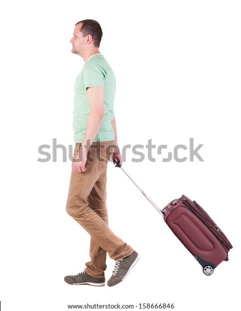 Back View Walking Man Suitcase Brunette Stock Photo 158666846