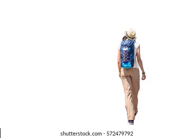 Back View Of Walking Woman With Backpack Isolated With Clipping Path