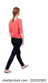 Back View Of Walking  Woman In Jeans. Beautiful Blonde Girl In Motion.  Backside View Of Person.  Rear View People Collection. Isolated Over White Background.