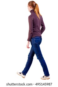 Back View Of Walking  Woman  In  Sweater . Beautiful Blonde Girl In Motion.  Backside View Of Person.  Rear View People Collection. Isolated Over White Background.