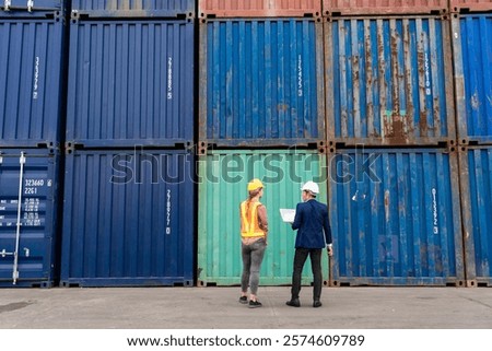 Back view of warehouse manager with assistant checking work on laptop at container box terminal. Logistic business loading cargo for export and import goods at port.