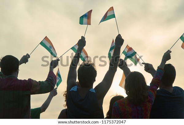 Back View Waving Indian Flags Patriotic Stock Photo (Edit Now) 1175372047