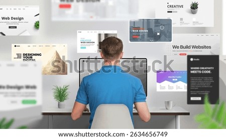 Back view of a web designer working at a desk, focused on a computer screen while numerous website layouts fly forward around him. Powerful visual of creative