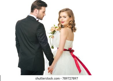 Back View Of Wedding Couple Holding Hands Isolated On White