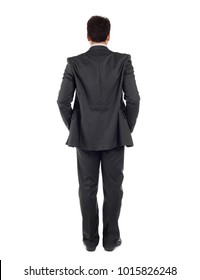 Back view of whole body of a business man in black suit isolated on white background.