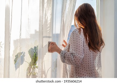 Back View Of A Woman In A Casual Shirt With Long Brown Hair With A Cup Of Tea Or Coffee Looking Out Of The Window, Pulling Back The Curtain. Lifestyle, Natural Sunbeam.