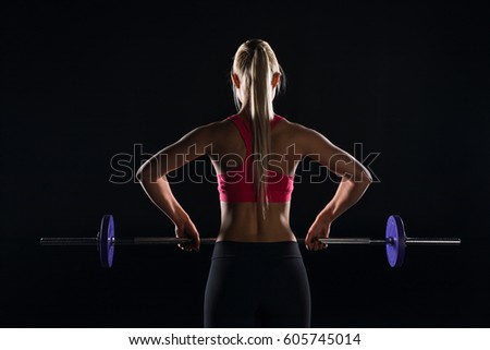 Similar – Image, Stock Photo Rear view portrait of one young middle age athletic woman at crossfit training, exercising with trx suspension fitness straps over dark background