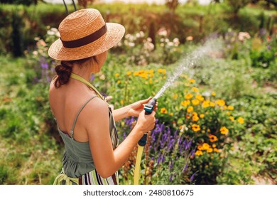 Back view of woman gardener in straw hat watering plants with hose pipe in summer garden setting water pressure. Taking care of flowers.