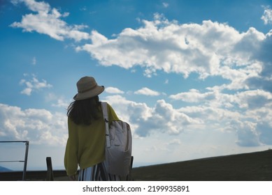 Back view of a woman looking at the blue sky