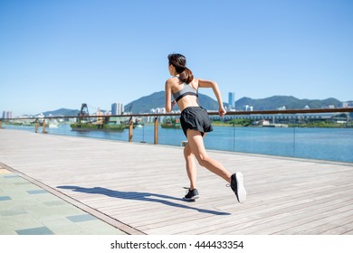 Back View Woman Running Seaside Boardwalk Stock Photo 444433354 ...