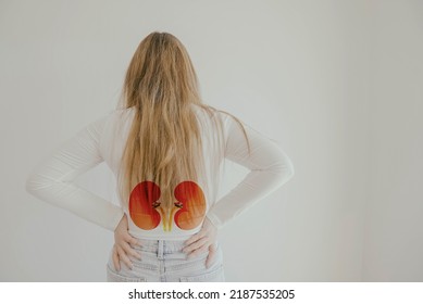 Back View Of Woman Suffering From Lower Back Pain With Kidney Shape, Chronic Kidney Disease, Renal Failure, Dialysis Concept