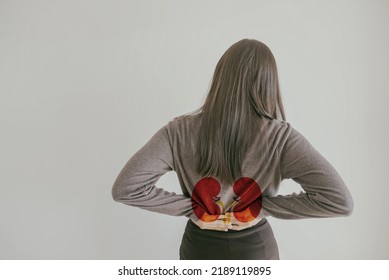 Back View Of Woman Suffering From Lower Back Pain With Kidney Shape, Chronic Kidney Disease, Renal Failure, Dialysis Concept