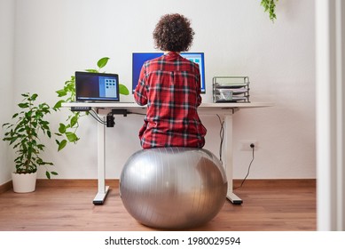 Back view of a woman teleworking sitting on a fitball in front of her desk - Powered by Shutterstock