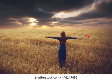 Back View Of Woman Who Stands Toward The Sunset In A Wheat Field With Arms Spread Out, Holding A Poppy Flower