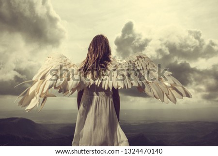 Back view of a woman with wings looking on horizon of mountains. angel
