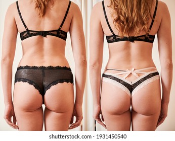 Back view of woman's body before and after weight loss, plastic surgery concept