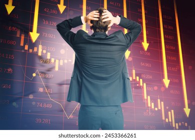 Back view of worried young european businessman with red crisis arrows on blurry background. Economic recession, financial fall and crash concept. Double exposure