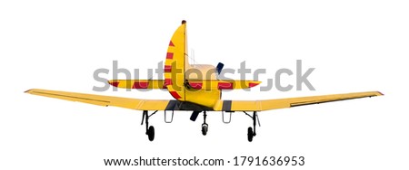 Back view of yellow light aircraft with piston engine. Isolated on white background 