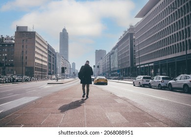 Back View Young Adult Businessman Strolling City Walking Away 