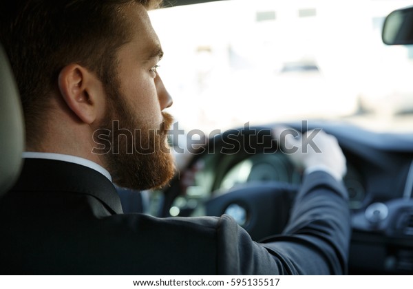 Back\
view of a young bearded business man driving\
car