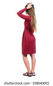 Back View Of Young Beautiful  Woman Scratching His Head. Rear View People Collection.  Backside View Of Person.  Isolated Over White Background. 