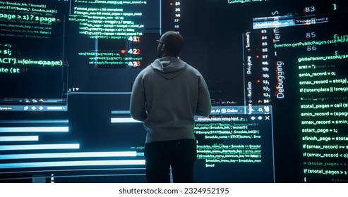 Back View of Young Black Man Looking at Big Digital Screens Glitching While Displaying Code Lines. Worried Professional Programmer Fixing a Bug, Dealing with Crashing System, Ensuring Cybersecurity