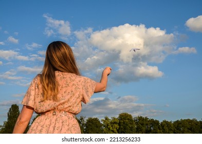 Back View Of Young Brunette Woman Throwing Paper Plane In The Air. Hope And Dream Concept 