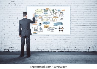 Back view of young businessman drawing business sketch on whiteboard hanging in white brick interior. Success concept. 3D Rendering