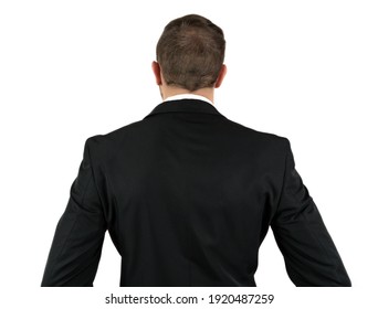 A back view of a young businessman in formal wear on a white background