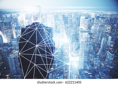 Back View Of Young Businessman With Polygonal Pattern On Abstract City Background. Tech Concept. Double Exposure